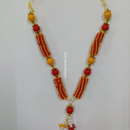 Mala of pearls red, yellow, golden and white colour