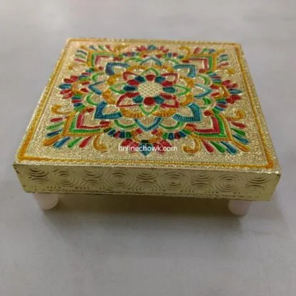 Chowki with beautiful meenakari for Puja in square shape  size 4 inches - Image 2